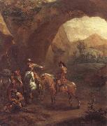 Adam Colonia Landscape with troopers and soldiers beneath a rocky arch oil painting reproduction